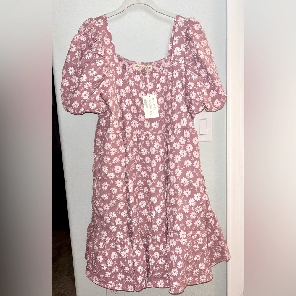 NWT Grace + Emma - Botanical Blush Pink Floral Puff Dress - 2XL